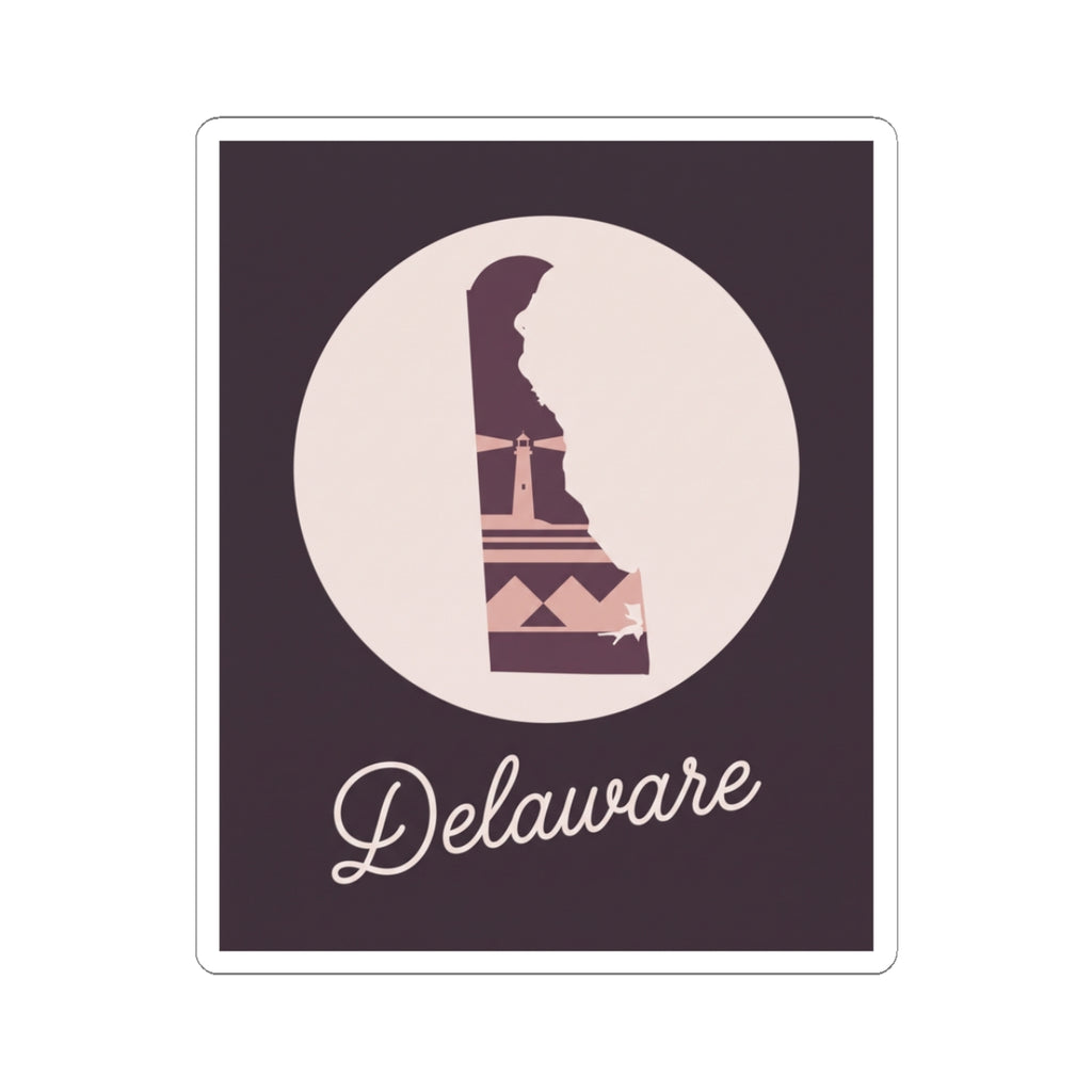 Delaware silhouette vinyl sticker, mauve design with 'Delaware' script on purple rectangle