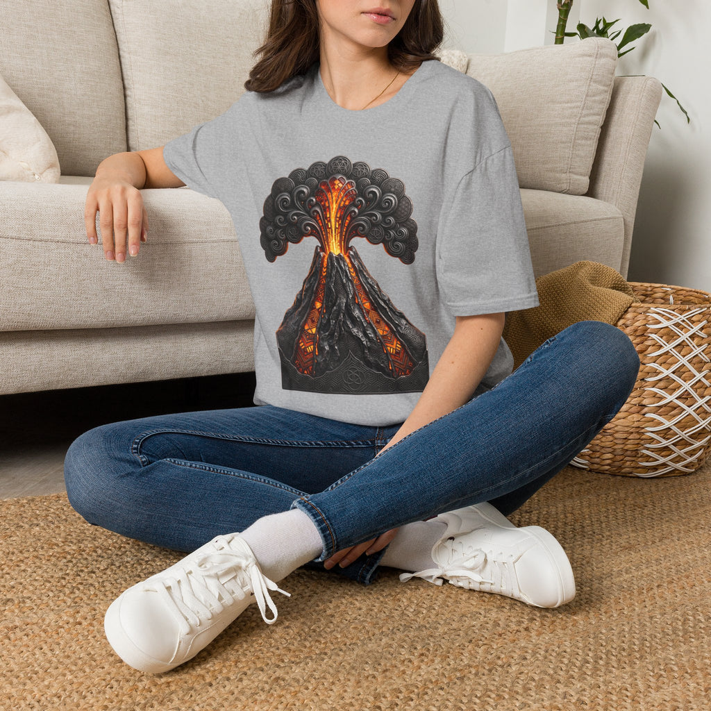 Sport grey crew-neck T-shirt with fiery volcano and lava graphic on chest.