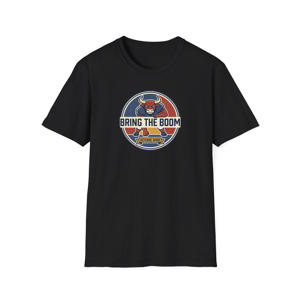Black T-shirt with circular bull mascot graphic and “BRING THE BOOM” print on chest
