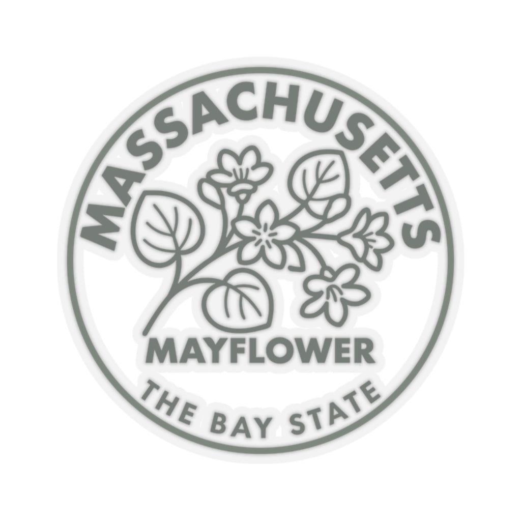 Circular Massachusetts Mayflower state flower vinyl sticker, gray botanical design with text ring
