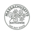 Circular Massachusetts Mayflower state flower vinyl sticker, gray botanical design with text ring