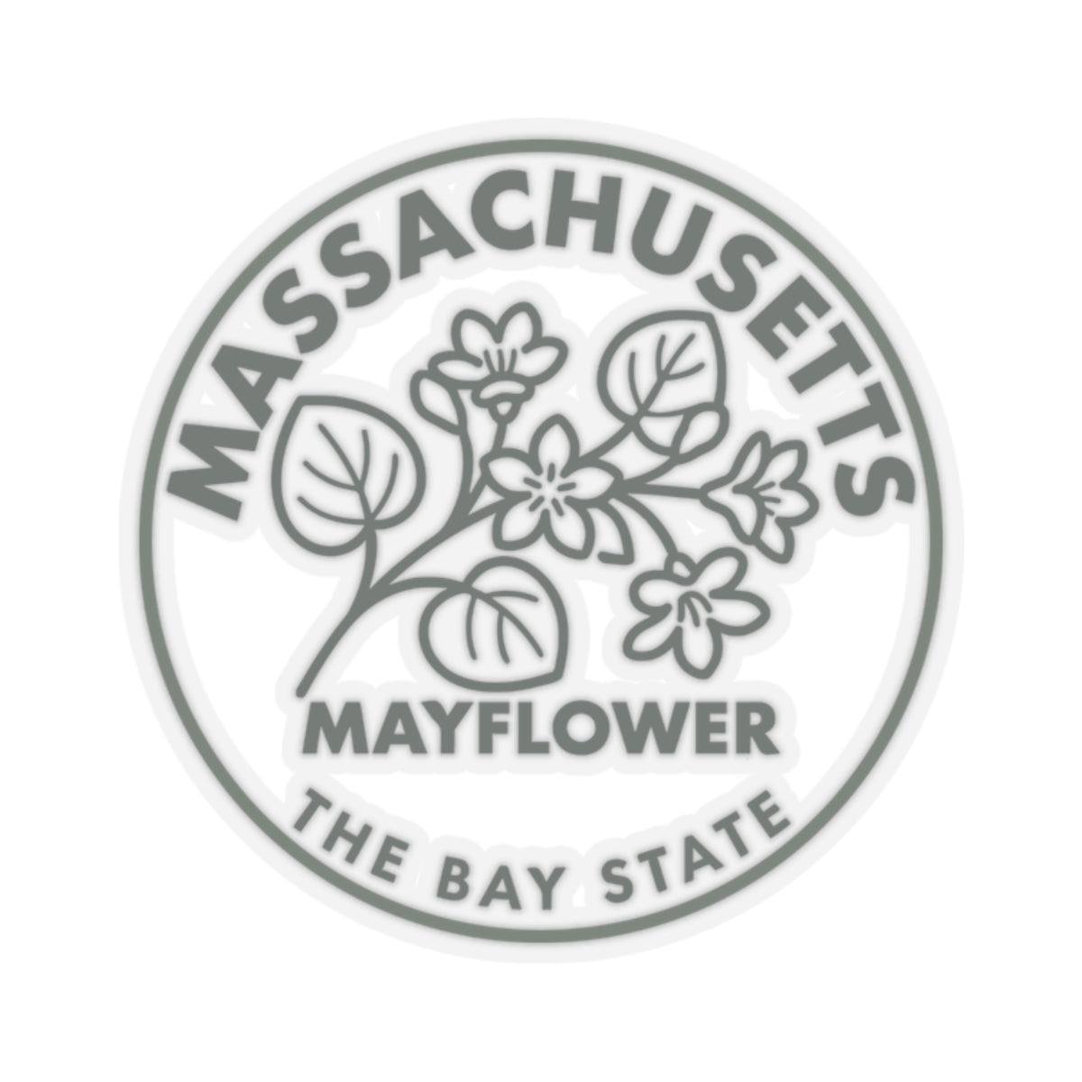 Circular Massachusetts Mayflower state flower vinyl sticker, gray botanical design with text ring