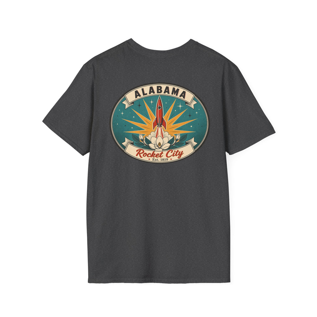 Dark charcoal T-shirt with circular Alabama Rocket City rocket graphic on chest