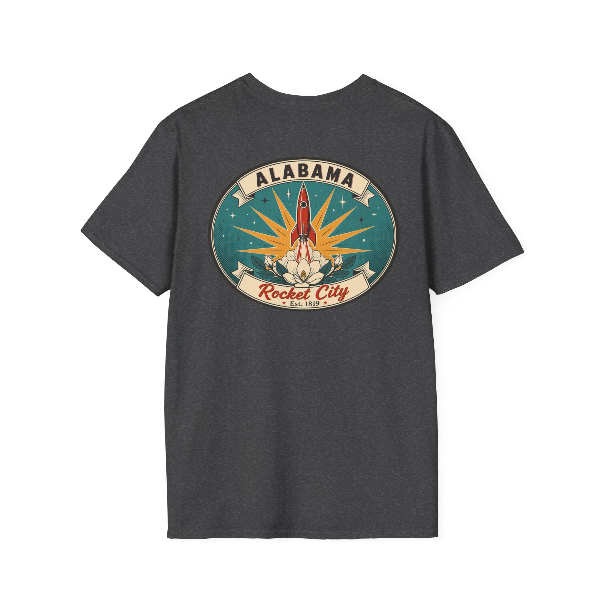 Dark charcoal T-shirt with circular Alabama Rocket City rocket graphic on chest