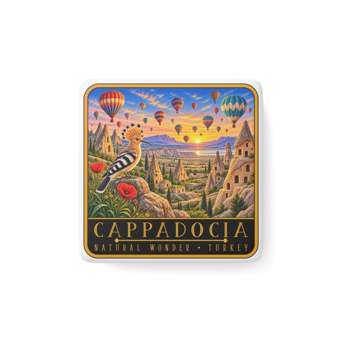 Square porcelain magnet with colorful Cappadocia hot air balloon scene