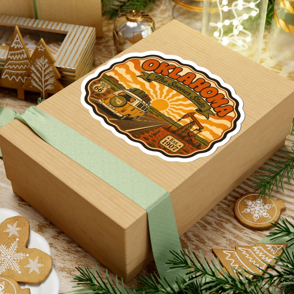 OKLAHOMA Route 66 van sticker decal on a wrapped gift box with white kiss-cut border.