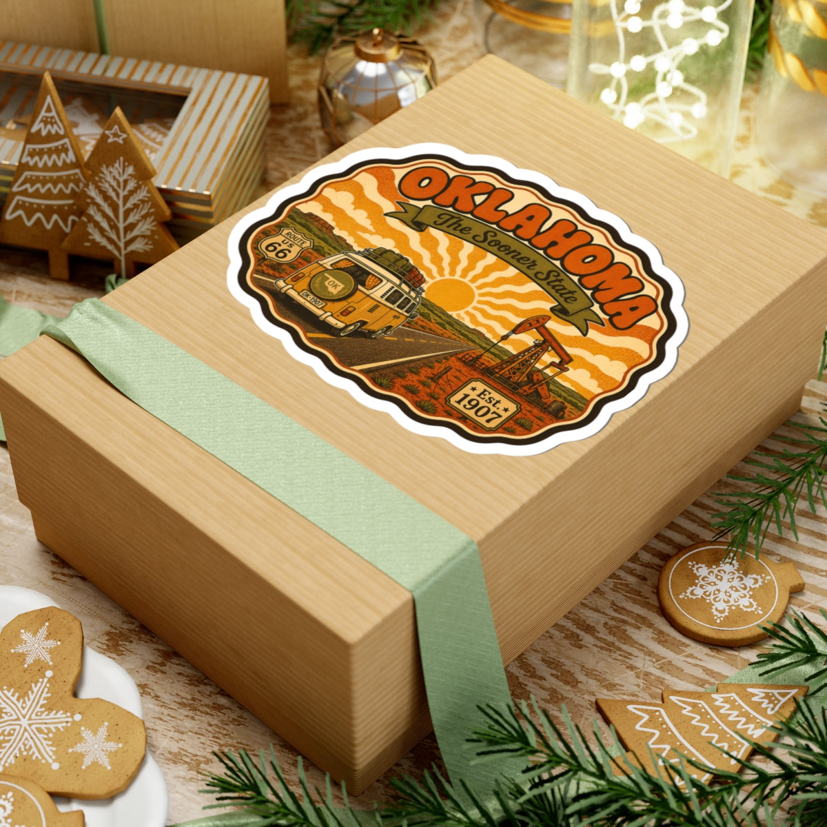 OKLAHOMA Route 66 van sticker decal on a wrapped gift box with white kiss-cut border.