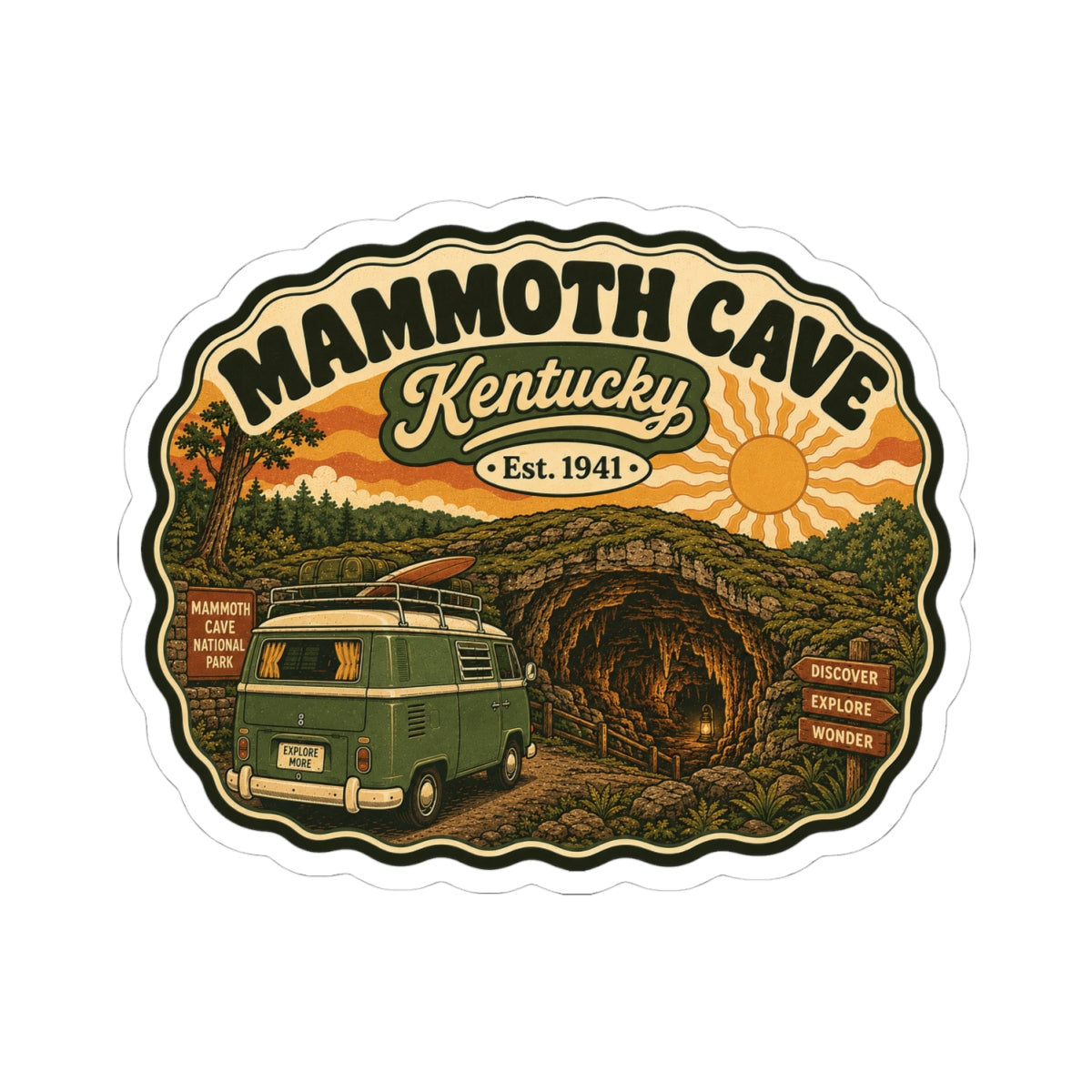 Die-cut Mammoth Cave Kentucky decal featuring a green camper van and cave entrance