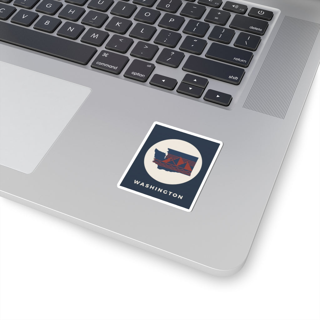Square kiss-cut sticker with Washington state graphic, dark blue border and red landscape