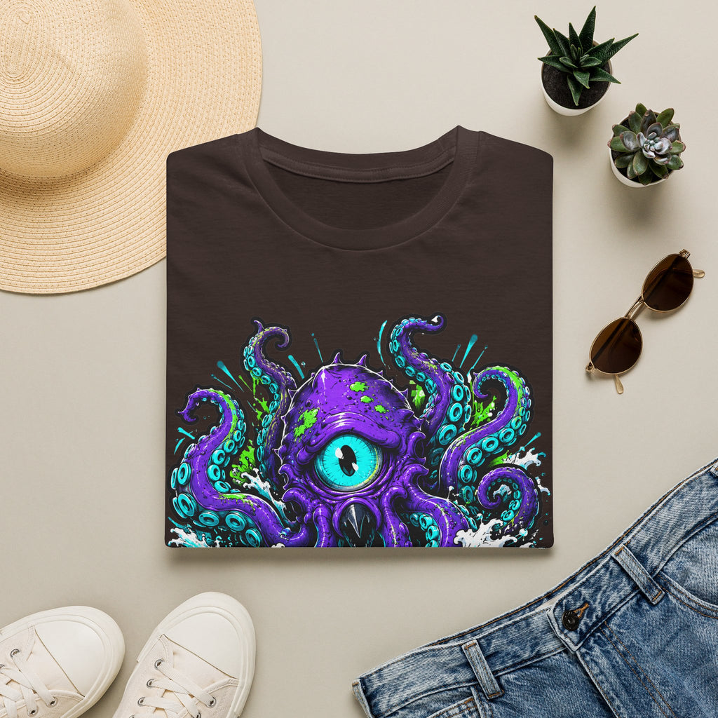 Dark brown graphic octopus T-shirt with purple cyclops eye and teal tentacles