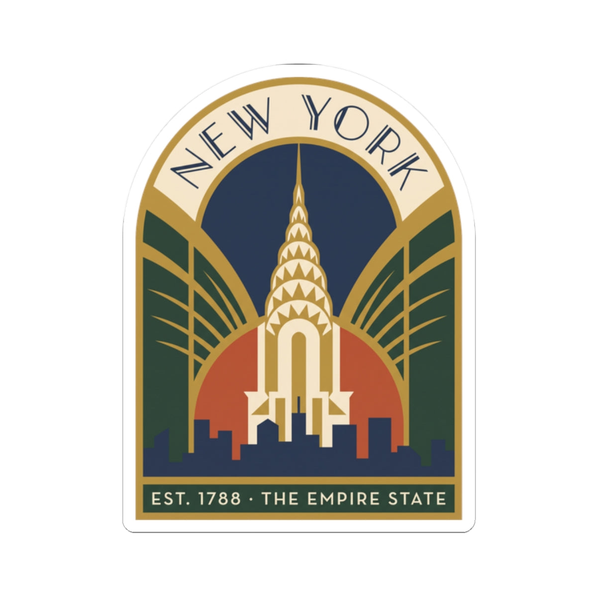 Arch-shaped New York skyline sticker with Empire State Building illustration and “THE EMPIRE STATE”