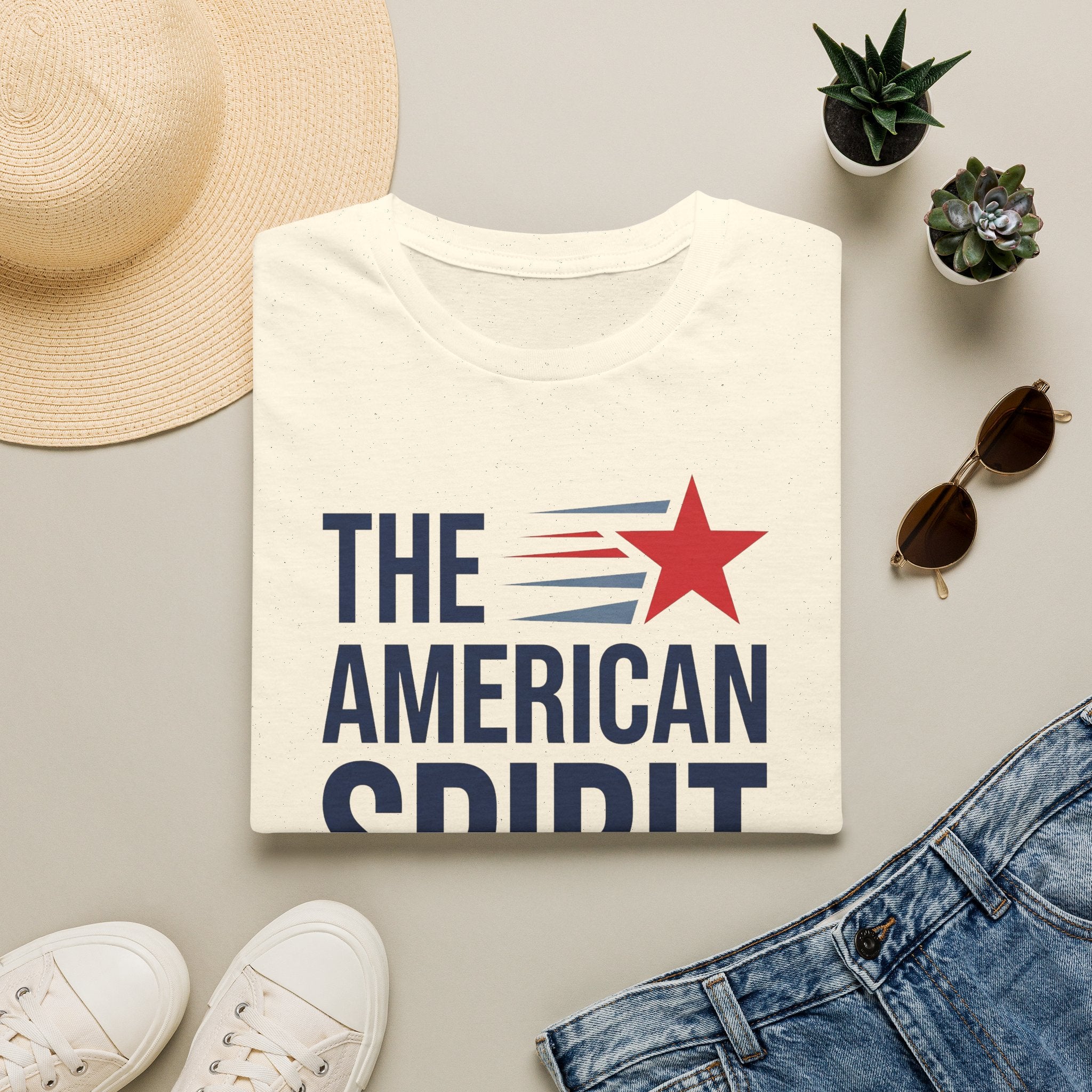 White crewneck T-shirt with red star and 'THE AMERICAN SPIRIT' text