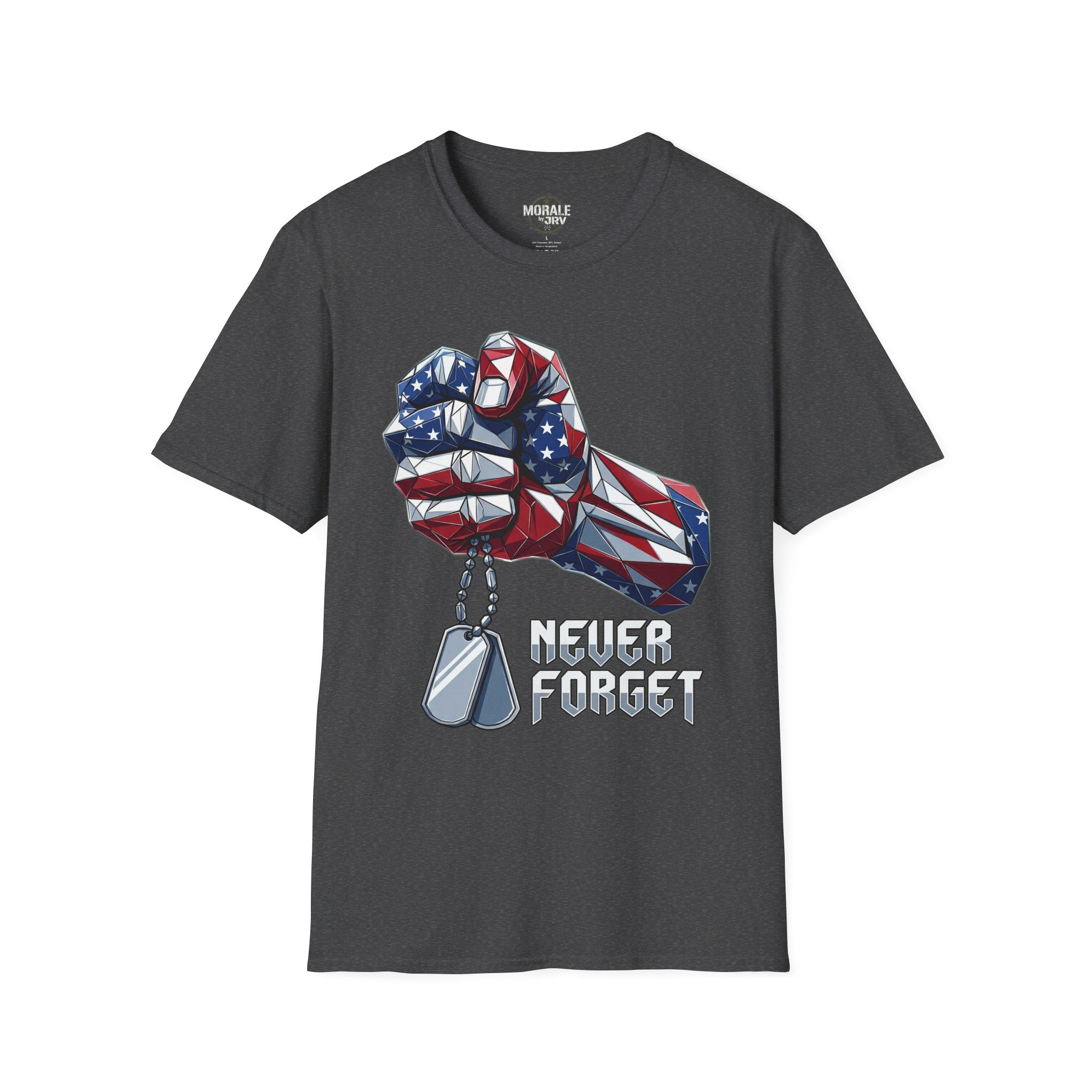 Dark charcoal T-shirt with patriotic fist graphic, dog tags, and “Never Forget”
