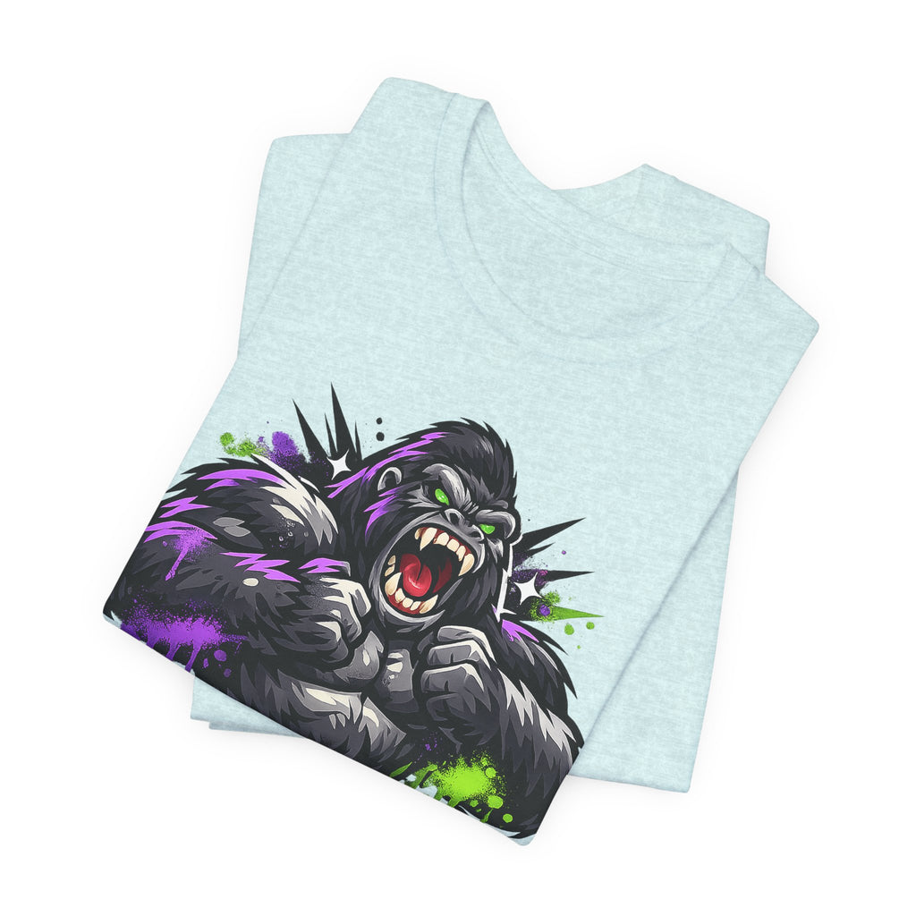 Light blue unisex graphic tee with roaring gorilla face print in purple and green.