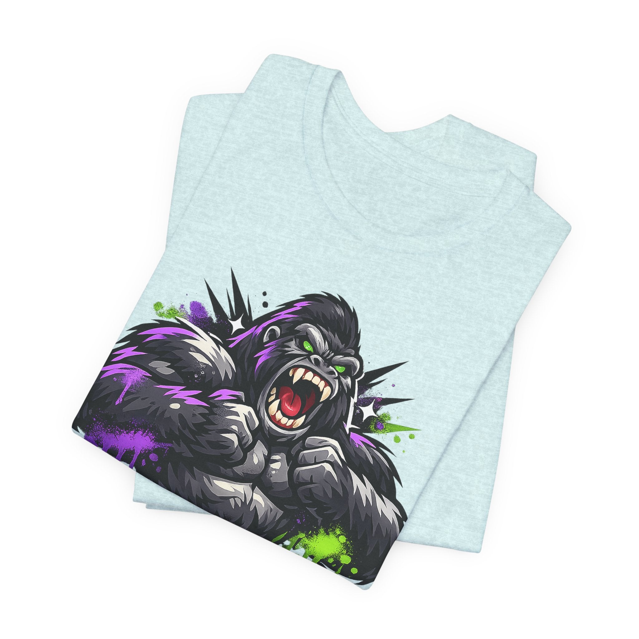 Light blue unisex graphic tee with roaring gorilla face print in purple and green.