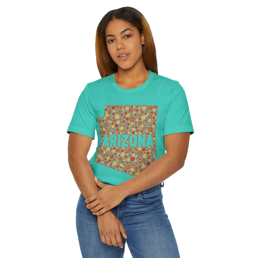 Turquoise crewneck T-shirt with orange ARIZONA graphic map pattern centered on chest
