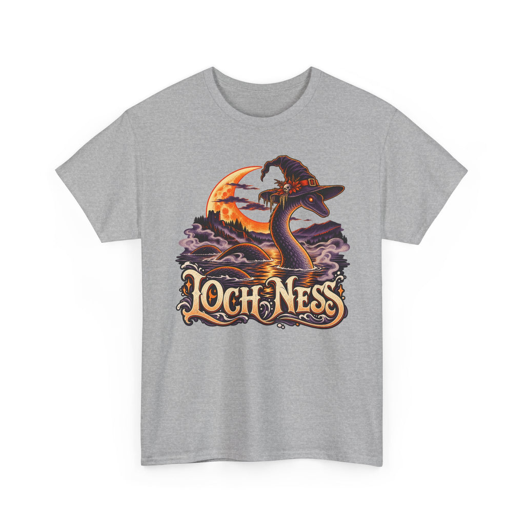 Light gray crewneck T-shirt with Loch Ness monster wearing witch hat graphic