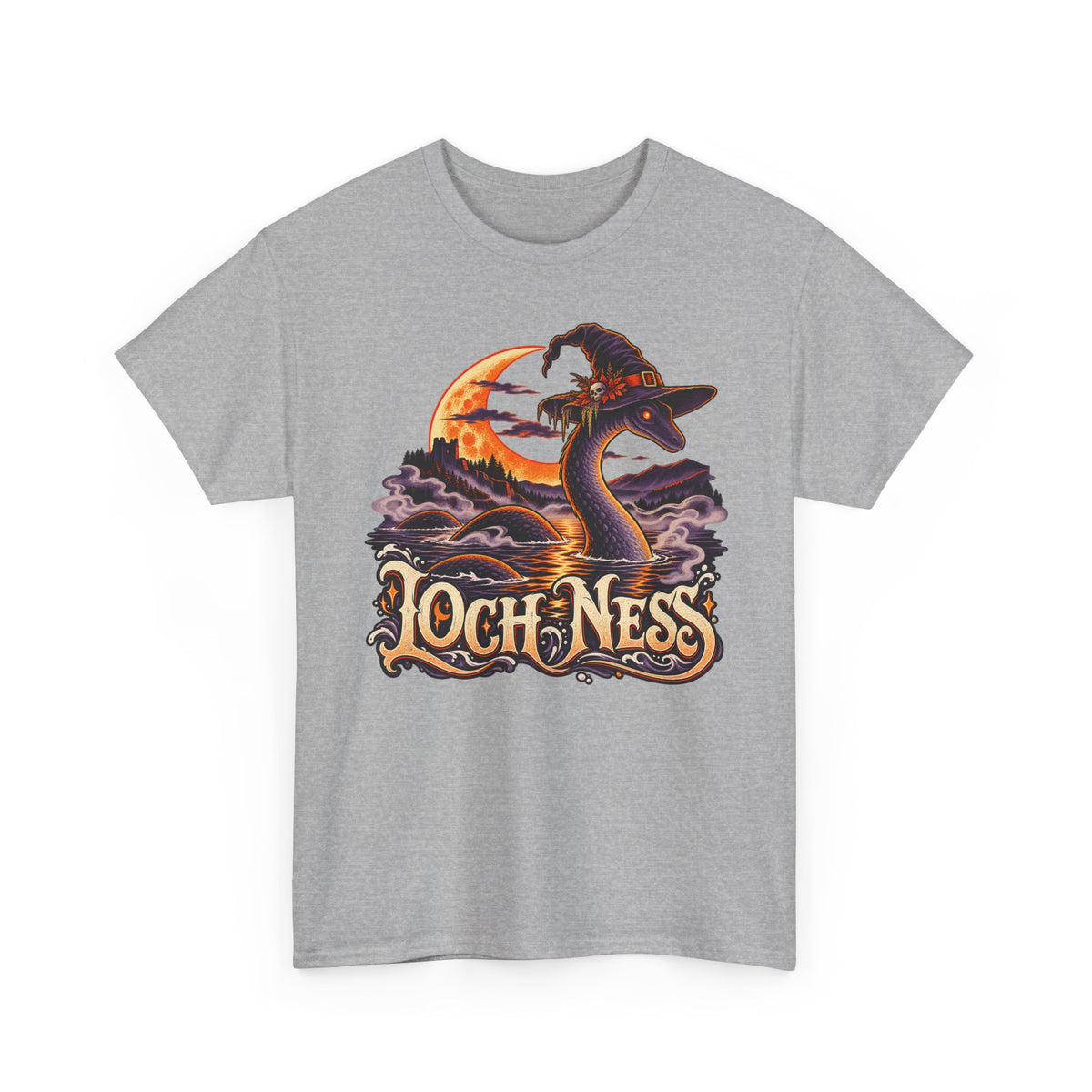 Light gray crewneck T-shirt with Loch Ness monster wearing witch hat graphic