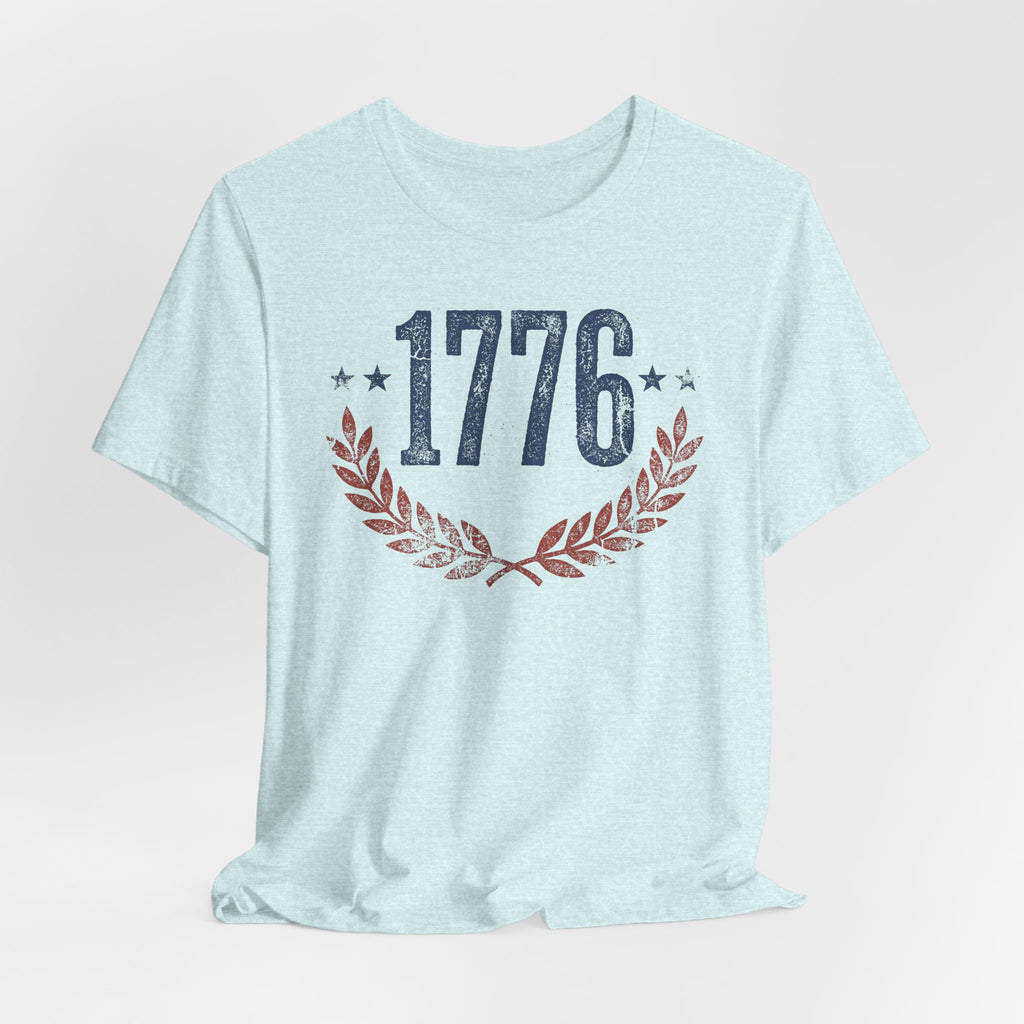 Light aqua heather T-shirt with centered 1776 graphic and laurel wreath print