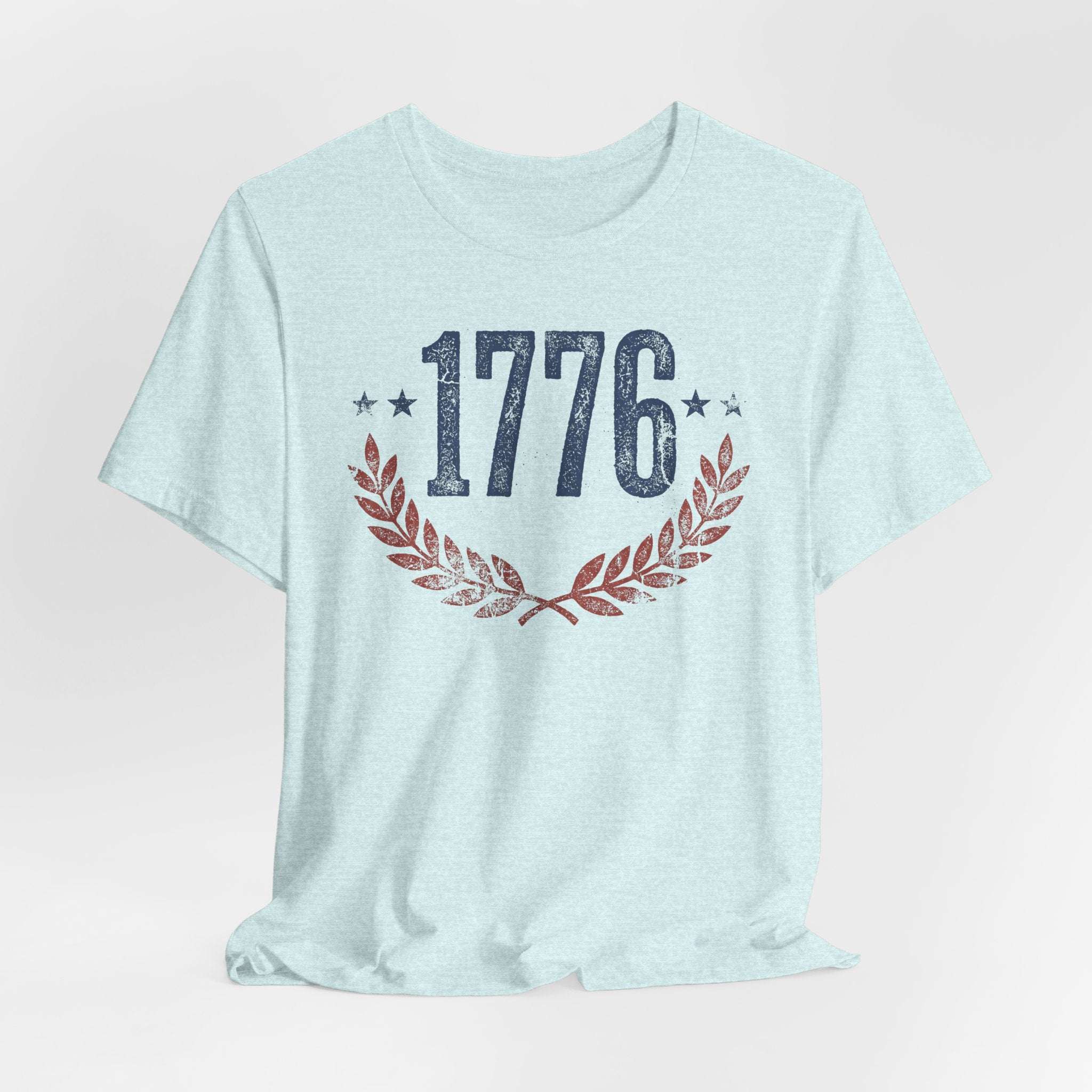 Light aqua heather T-shirt with centered 1776 graphic and laurel wreath print