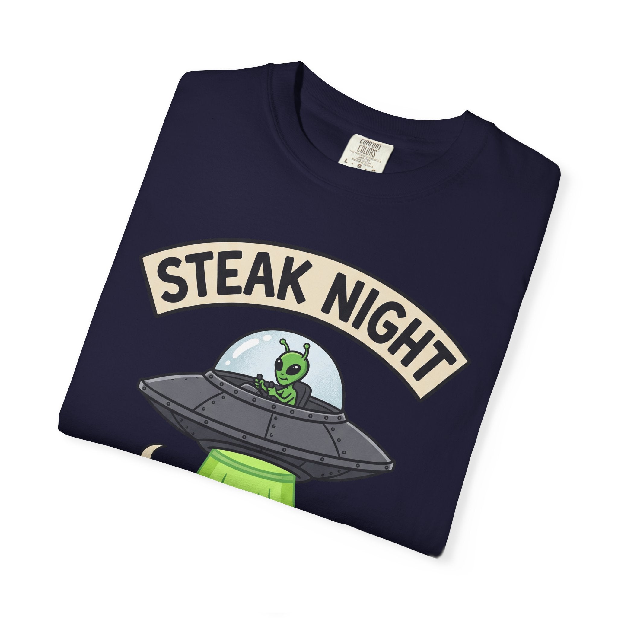 Navy short-sleeve T-shirt with 'STEAK NIGHT' UFO and alien graphic