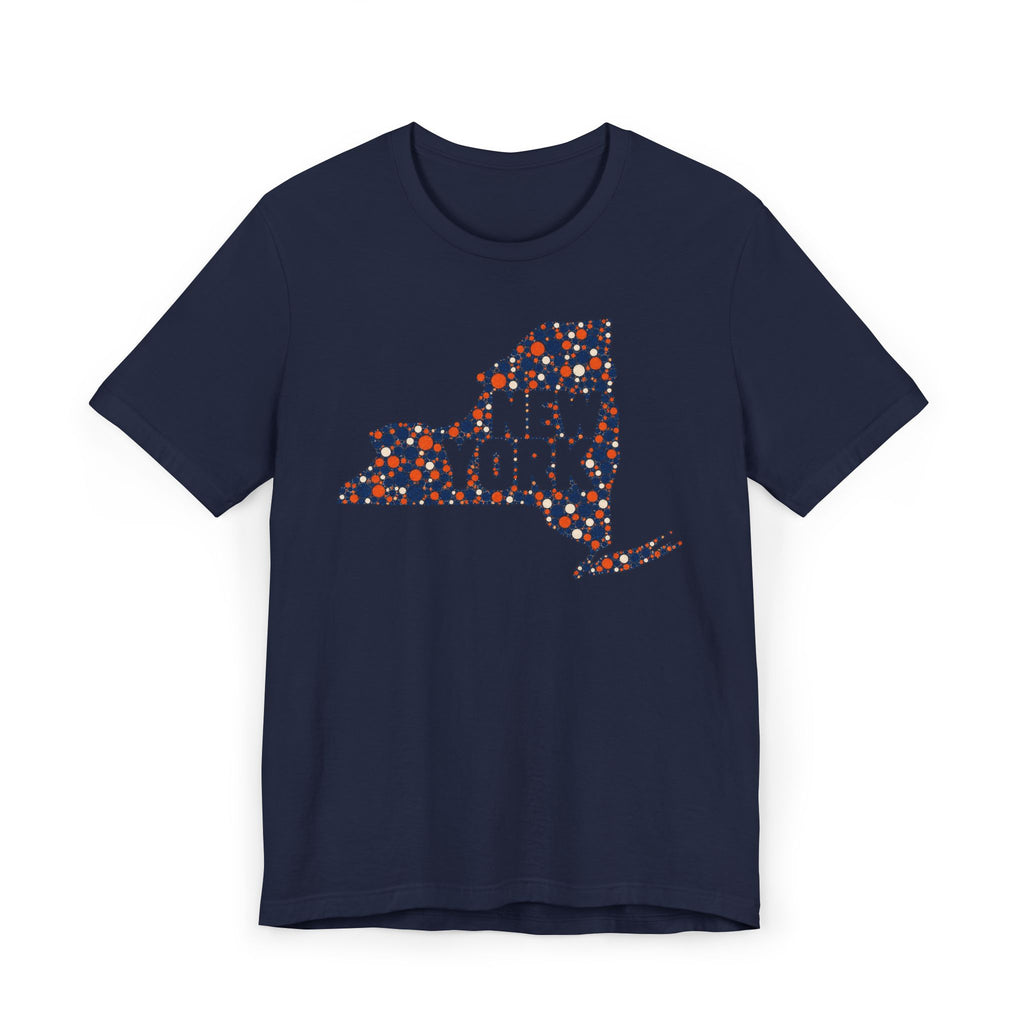 Navy T-shirt with colorful dotted New York state outline graphic print