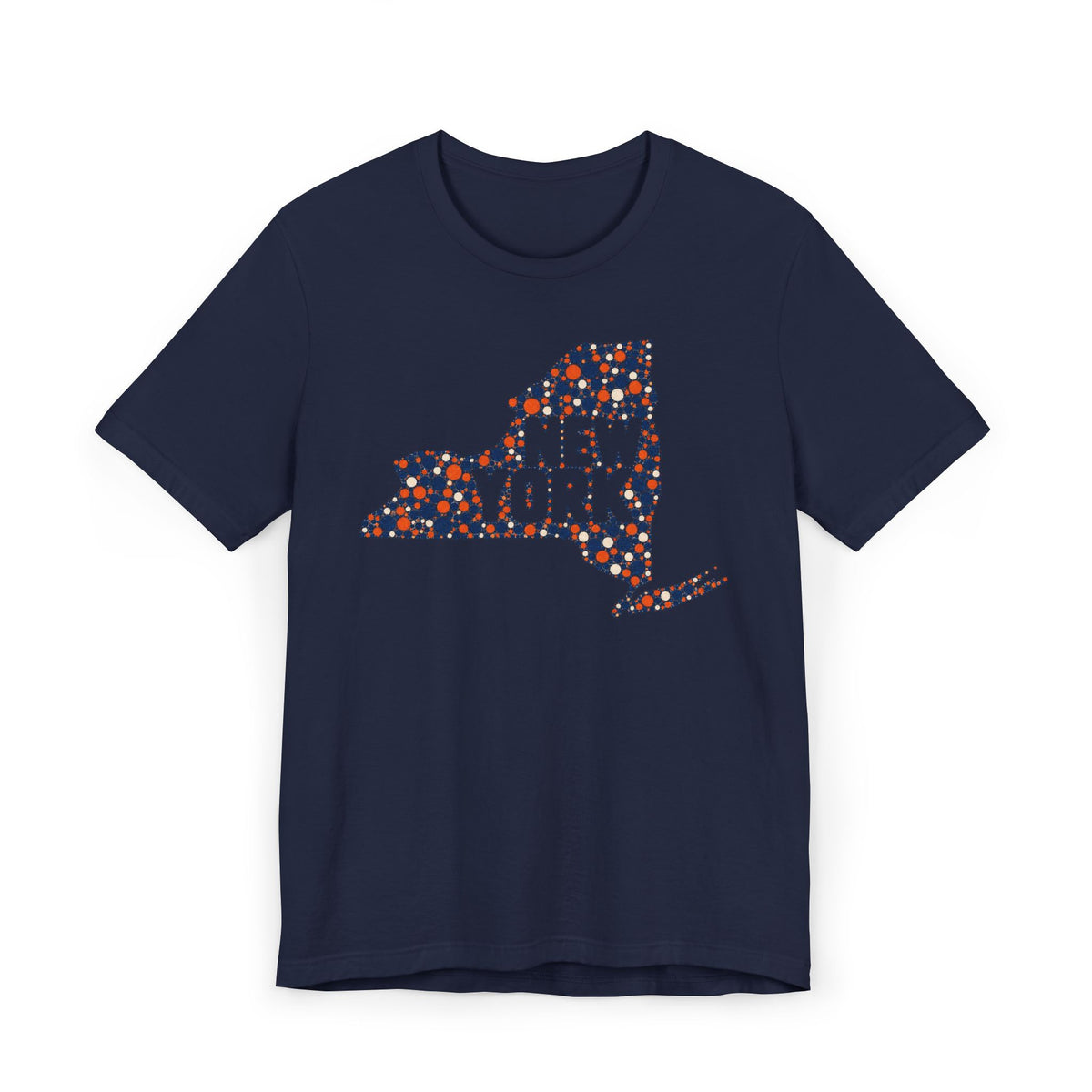 Navy T-shirt with colorful dotted New York state outline graphic print