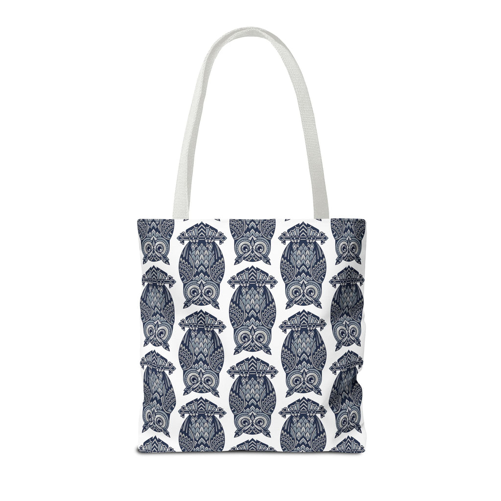 Tote bag with white handles and repeating navy owl pattern, front view