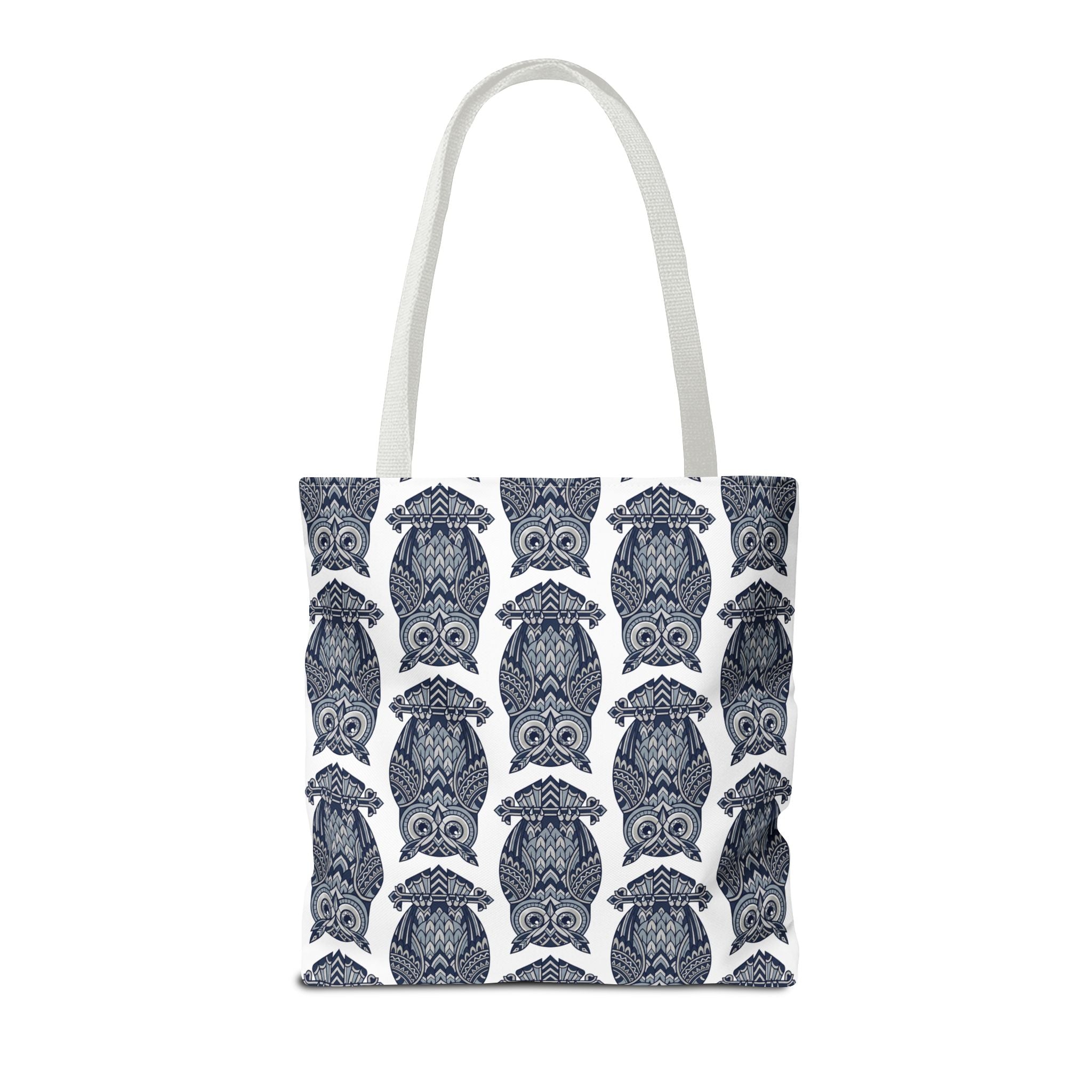 Tote bag with white handles and repeating navy owl pattern, front view