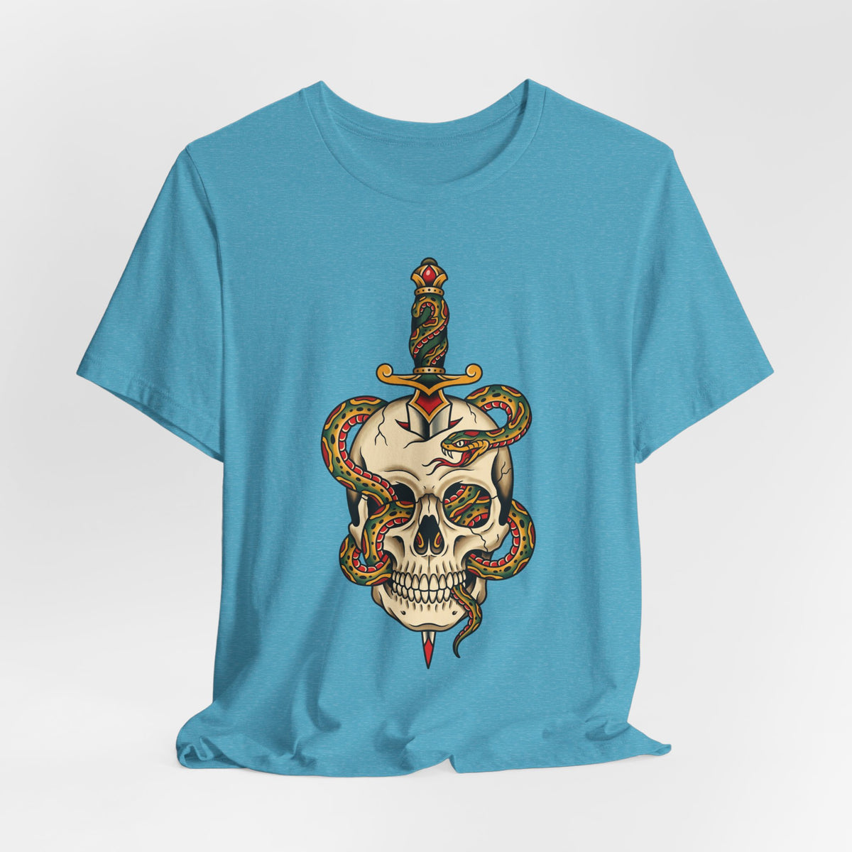 Aqua heather graphic T-shirt front view with snake and skull dagger design