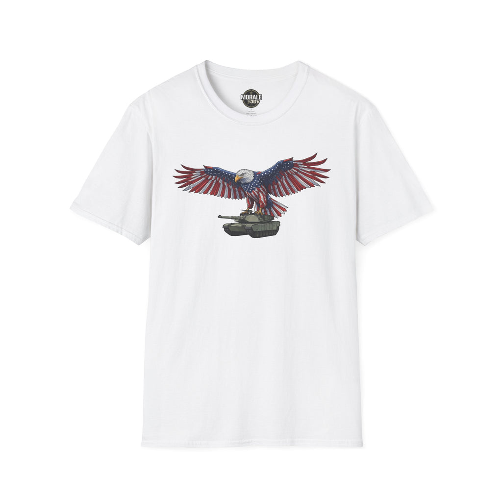 White T-shirt with bald eagle graphic above M1 Abrams tank, red-white-blue wings