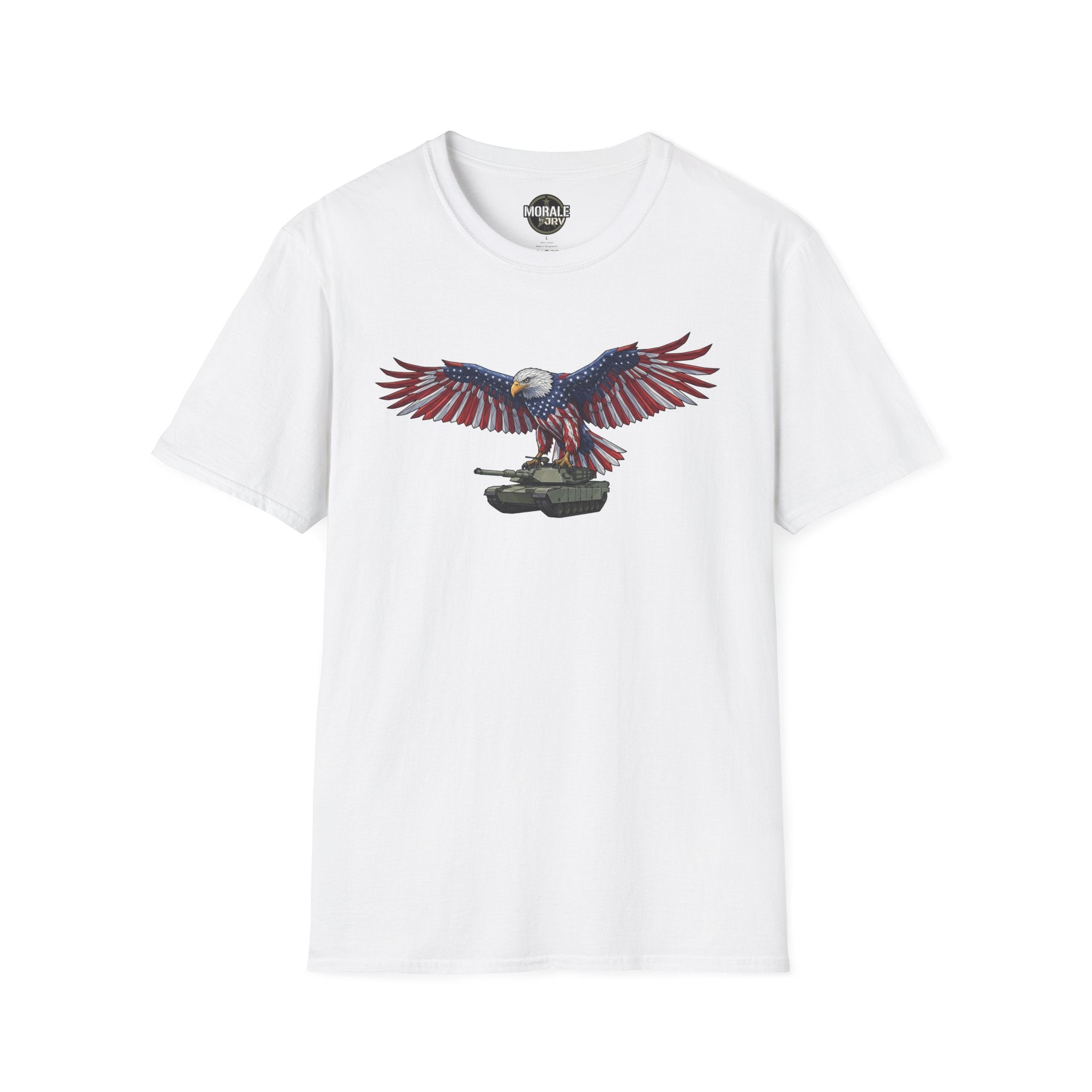 White T-shirt with bald eagle graphic above M1 Abrams tank, red-white-blue wings