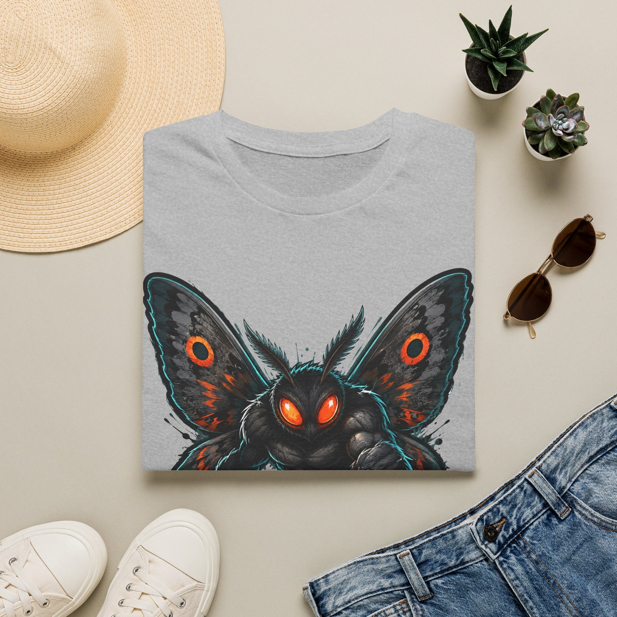 Light gray graphic monster moth t-shirt with glowing red eyes and spread wings