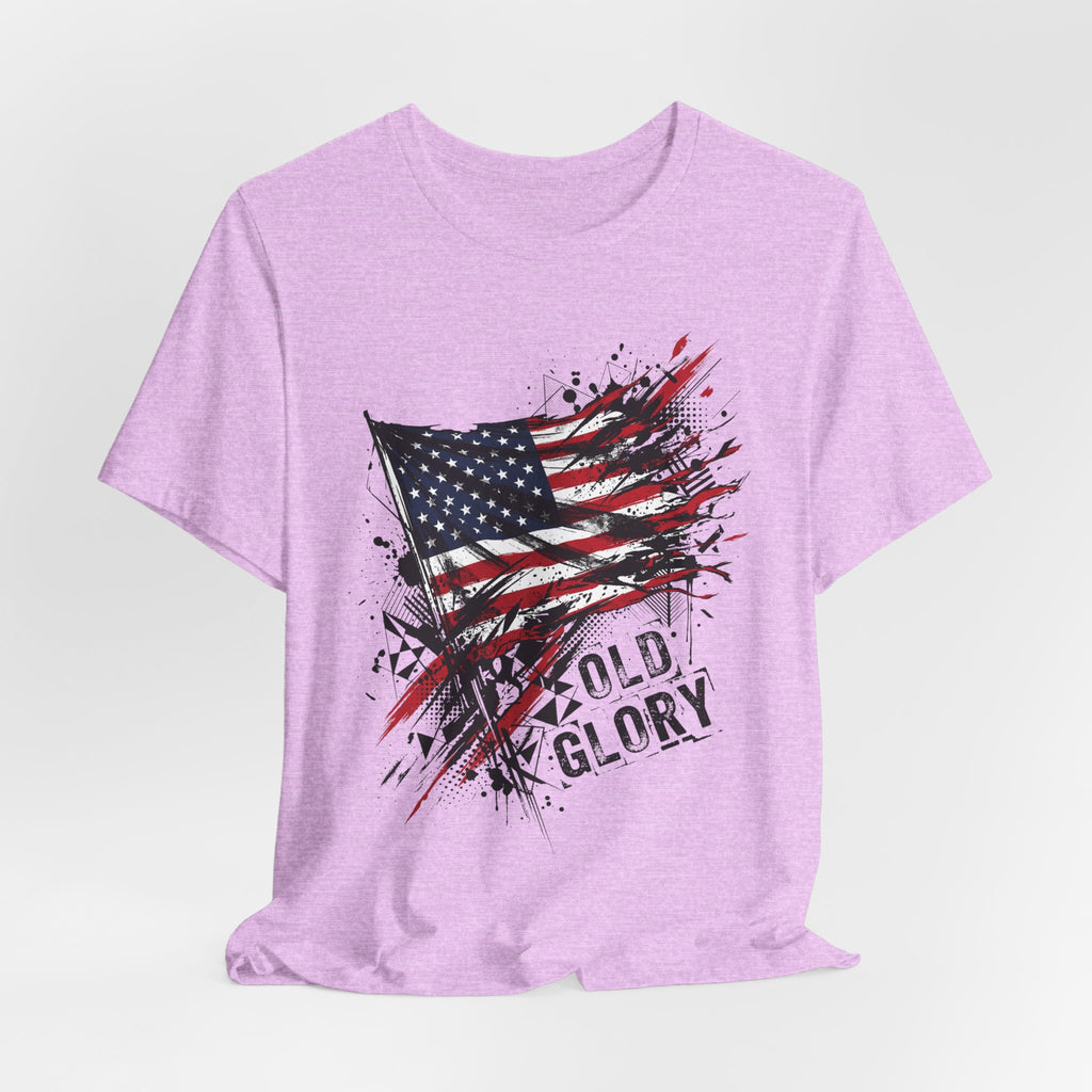 Purple T-shirt with distressed American flag graphic and “Old Glory” text on chest