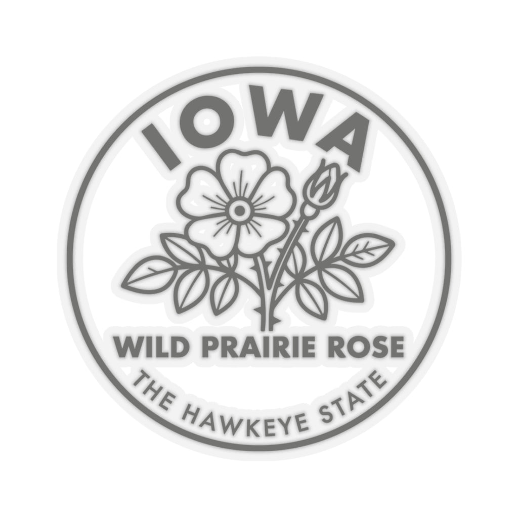 Circular vinyl decal featuring Iowa, wild prairie rose flower, and hawkeye state text