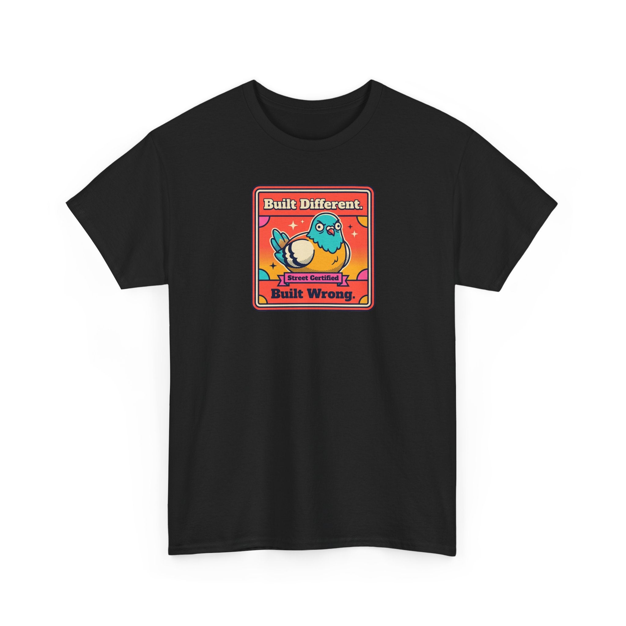 Black graphic T-shirt with bird logo in a red-bordered square on the chest