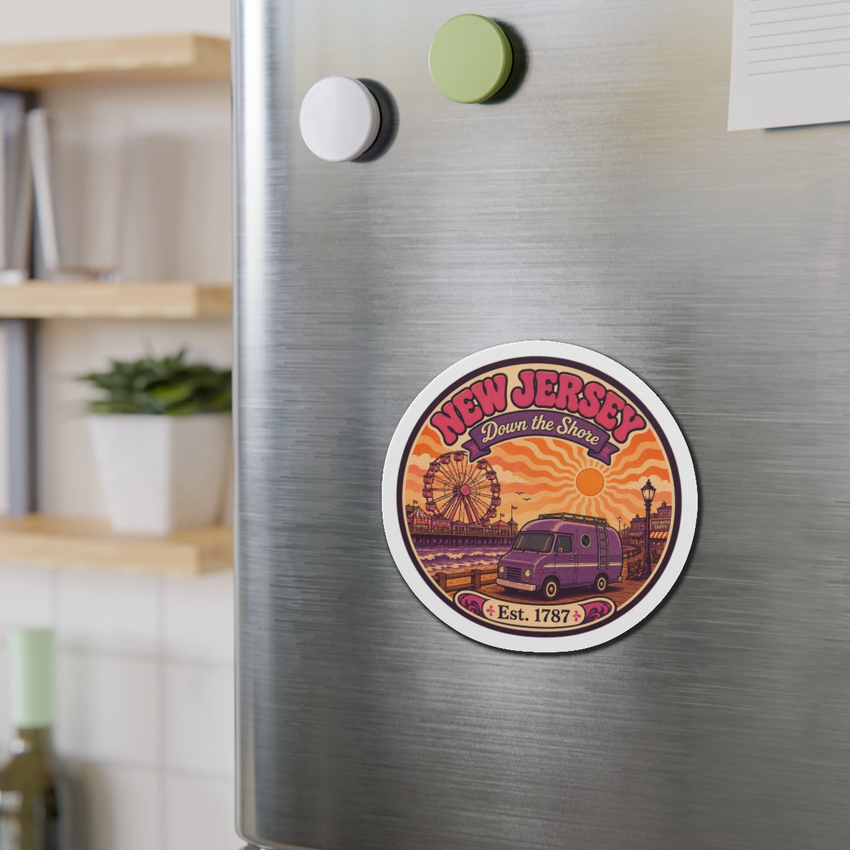 Centered round die-cut magnet with New Jersey shore art, purple van, Est. 1787