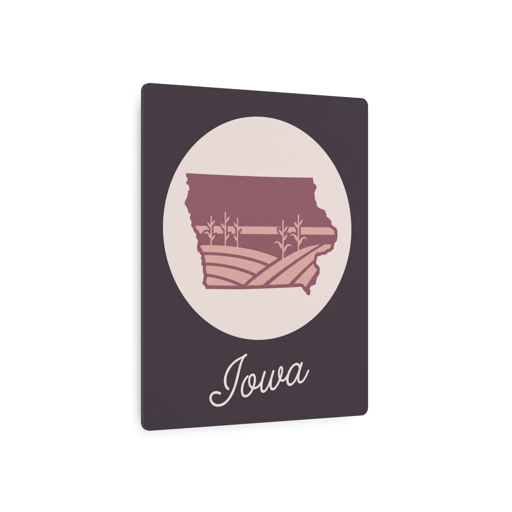 Square Iowa metal wall sign with maroon farmland silhouette in a light circle