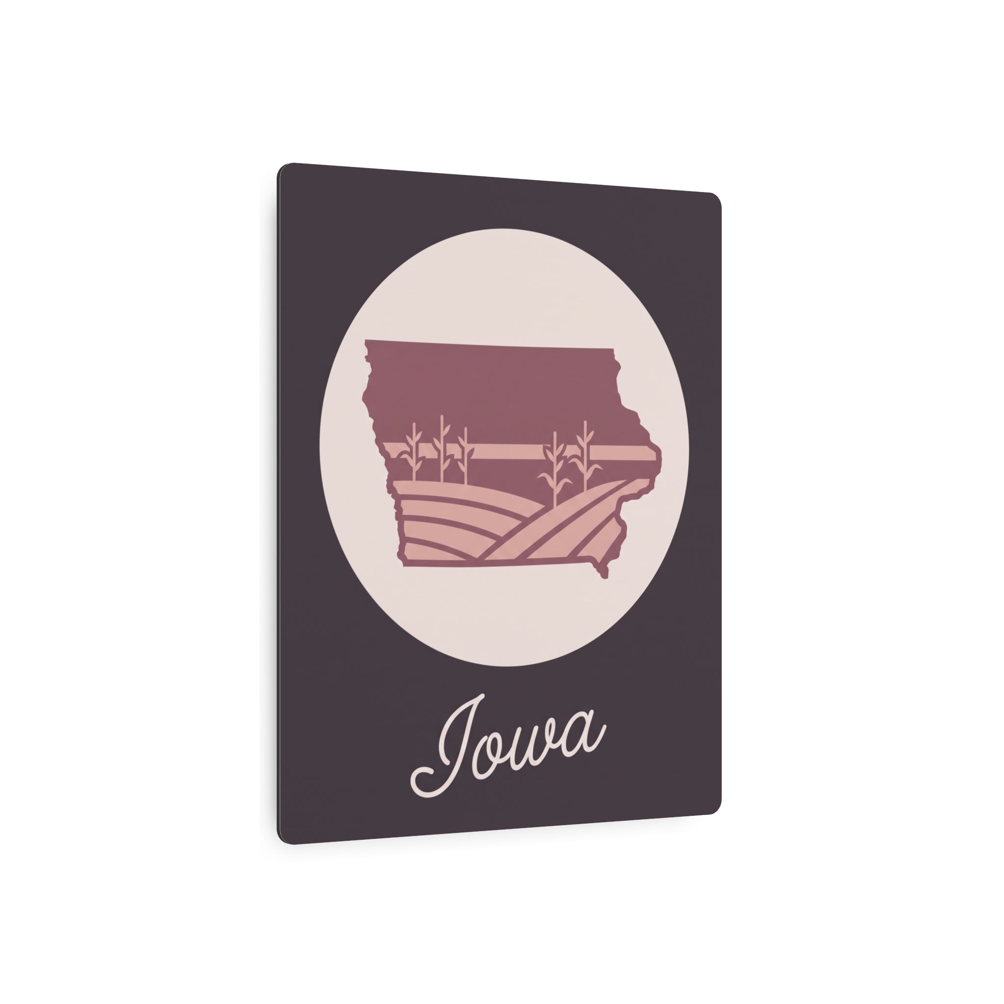 Square Iowa metal wall sign with maroon farmland silhouette in a light circle