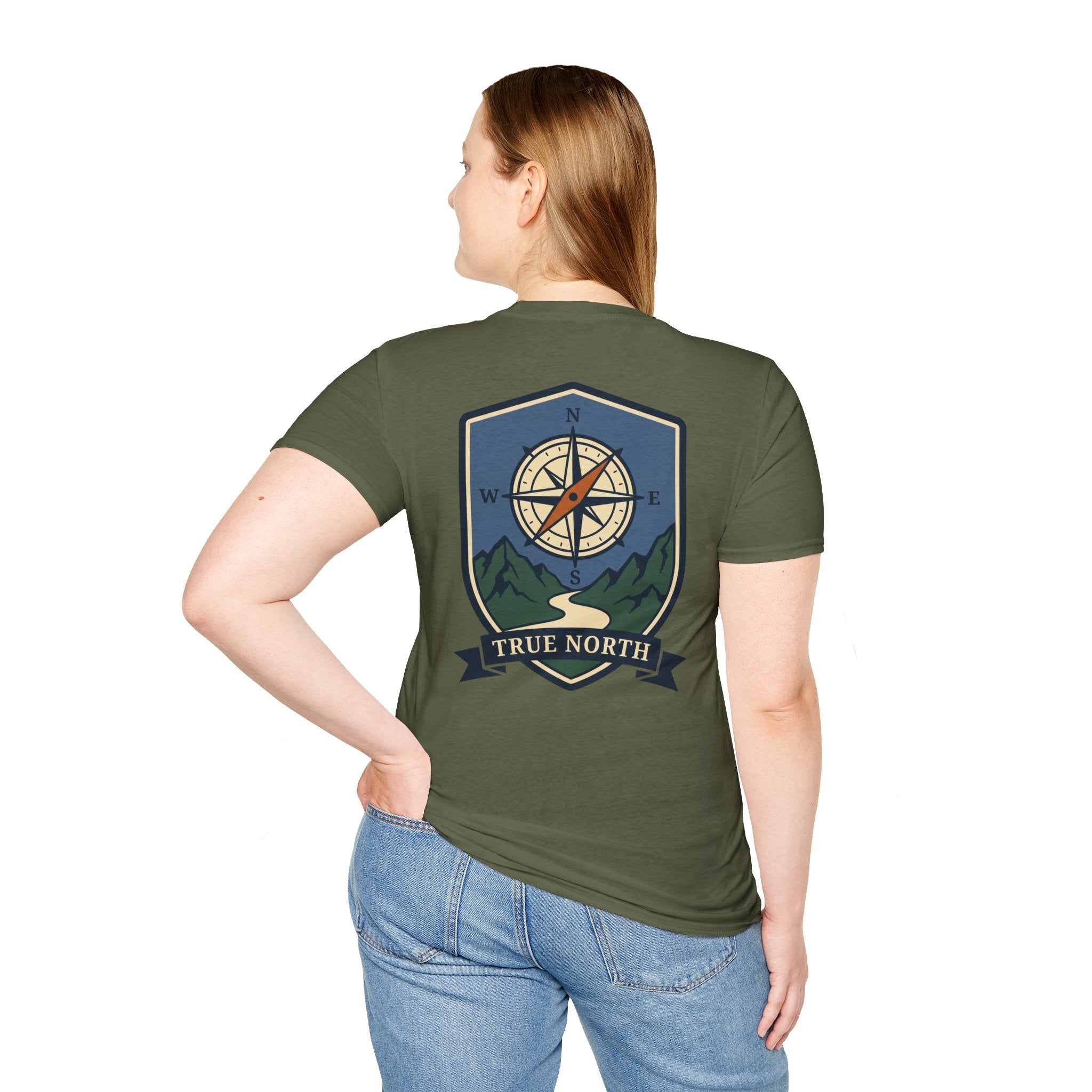 Olive green compass shield T-shirt with compass rose and True North back graphic