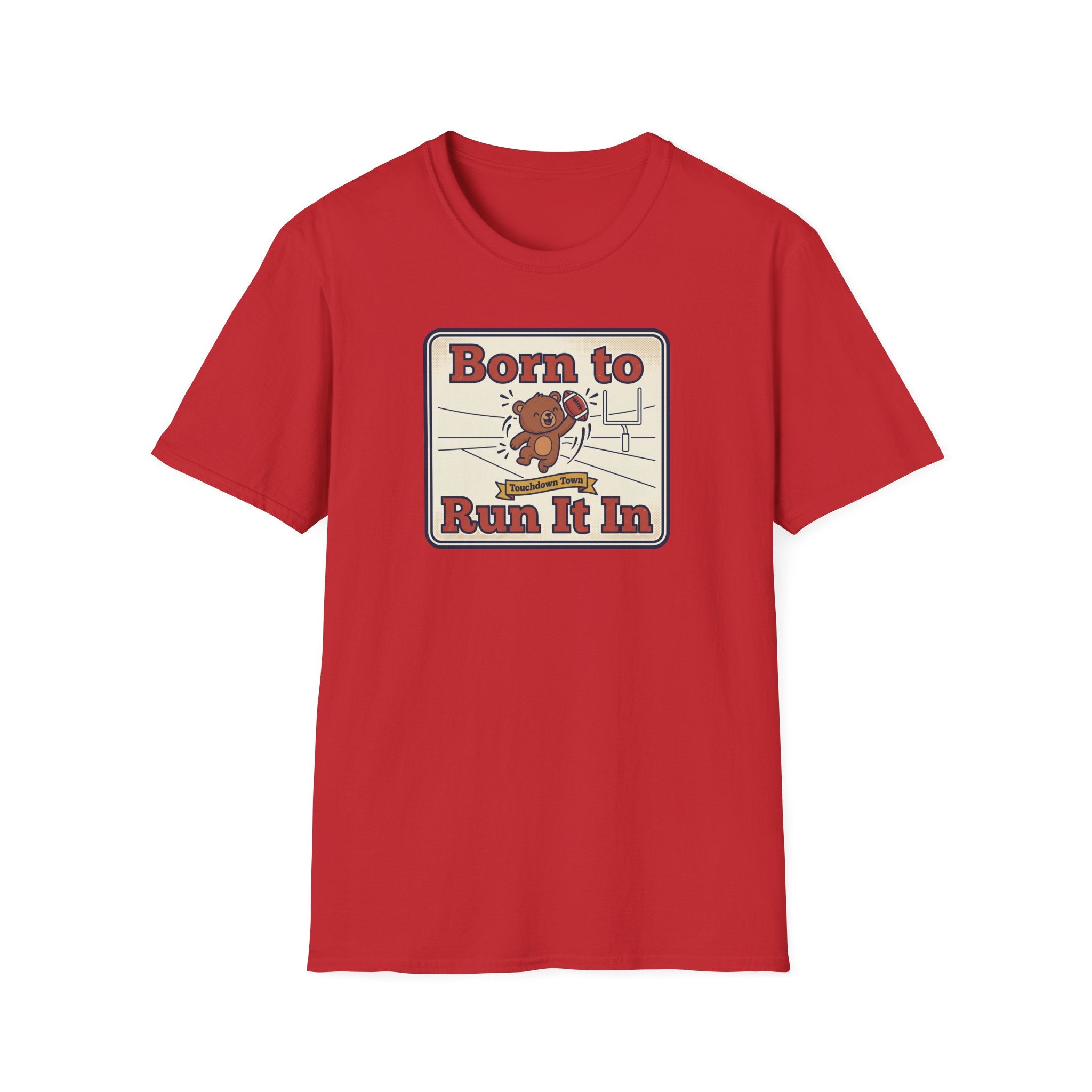 Red crewneck T-shirt with “Born to Run It In” sports bear graphic