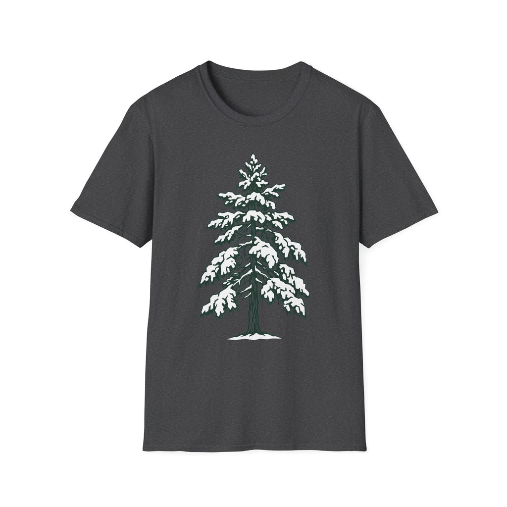Snowy pine tree graphic T-shirt, charcoal with snowy pine tree print