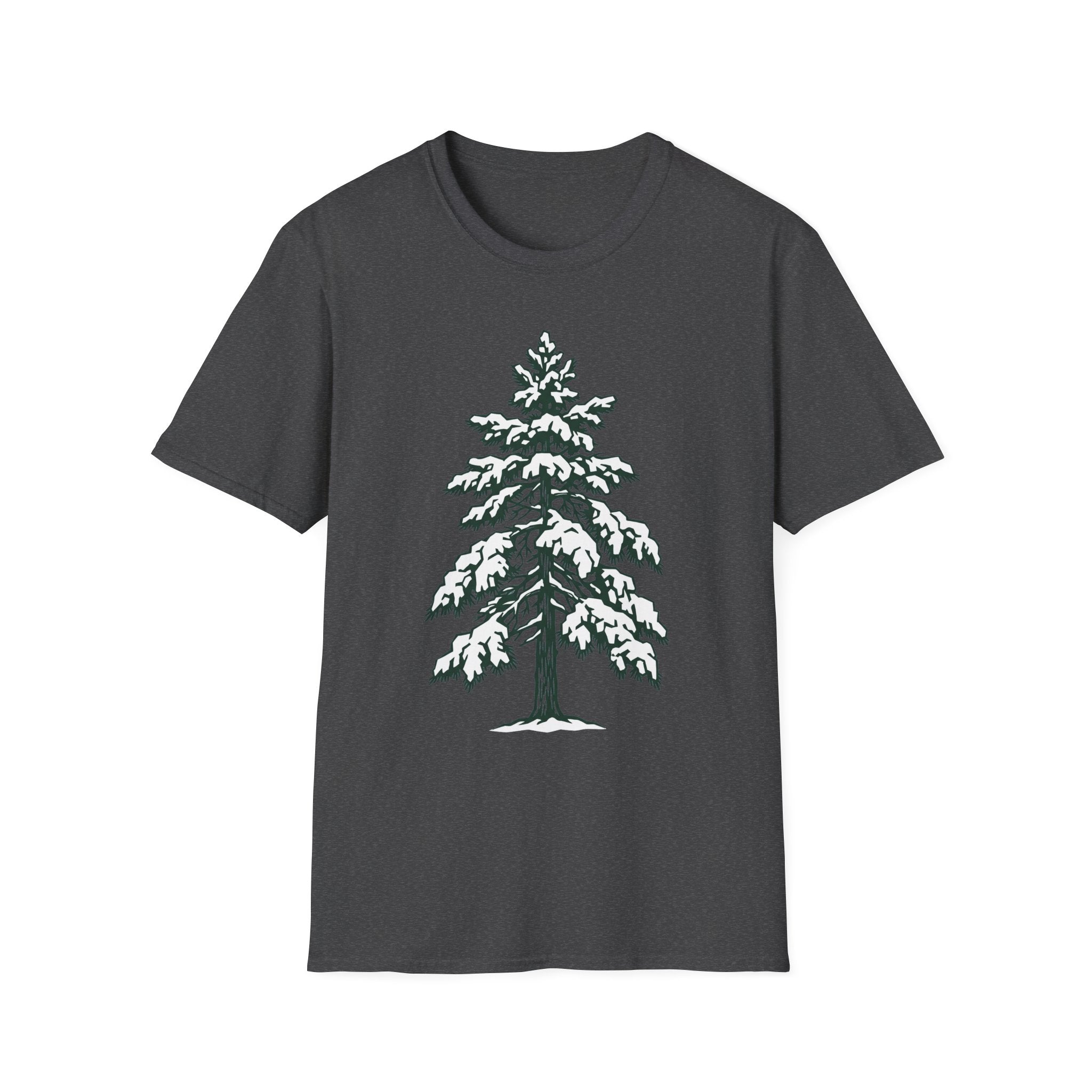 Snowy pine tree graphic T-shirt, charcoal with snowy pine tree print