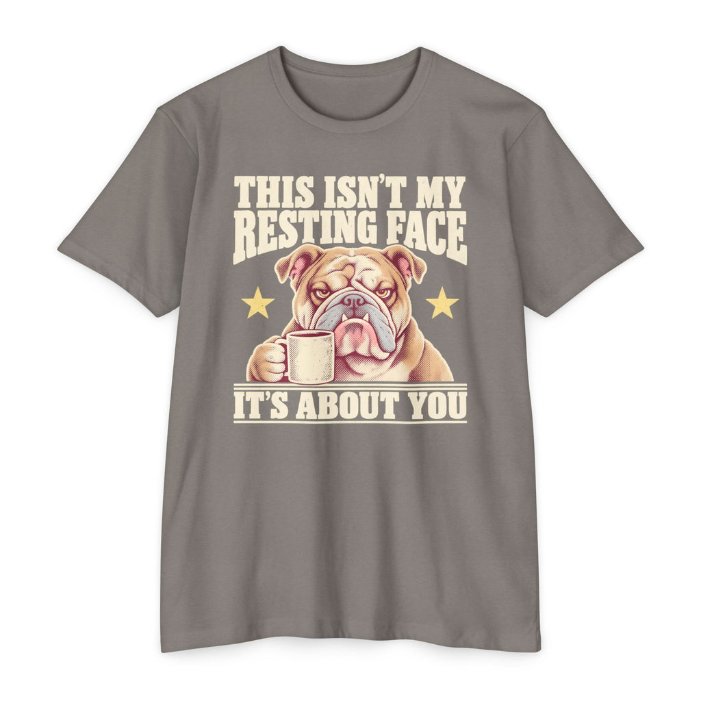 Gray short-sleeve T-shirt with grumpy bulldog holding a coffee mug graphic