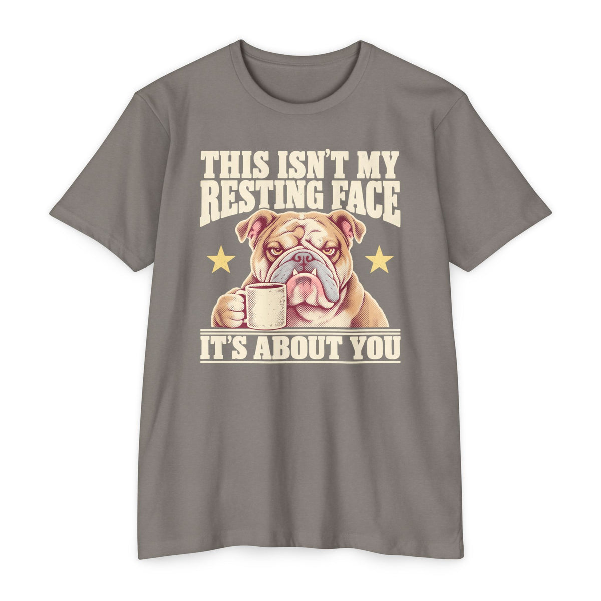 Gray short-sleeve T-shirt with grumpy bulldog holding a coffee mug graphic