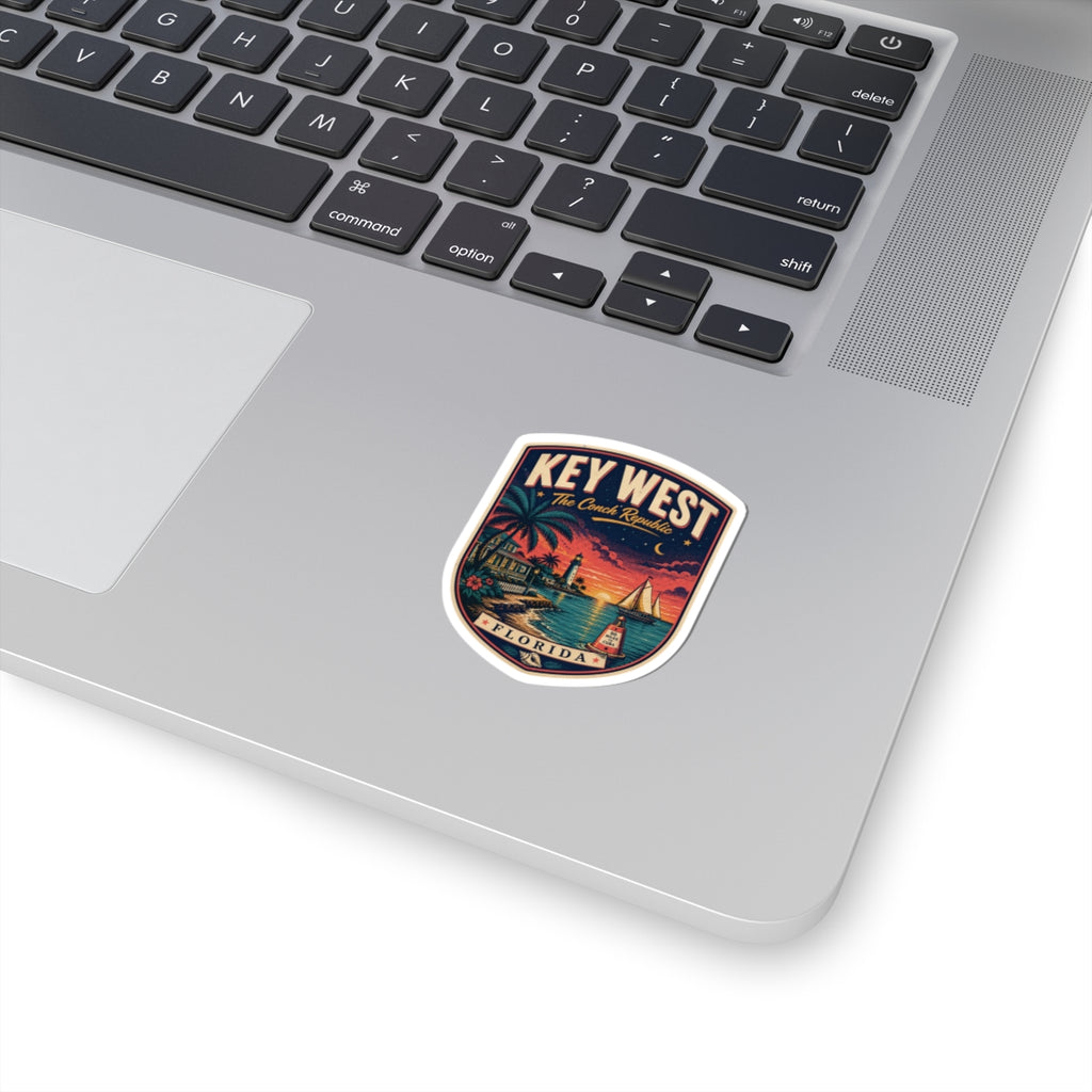 Key West luggage tag sticker with retro Florida waterfront scene and colorful border
