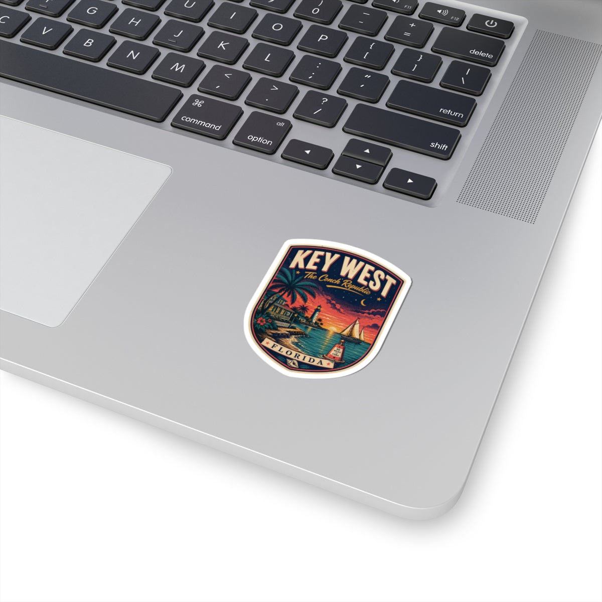 Key West luggage tag sticker with retro Florida waterfront scene and colorful border