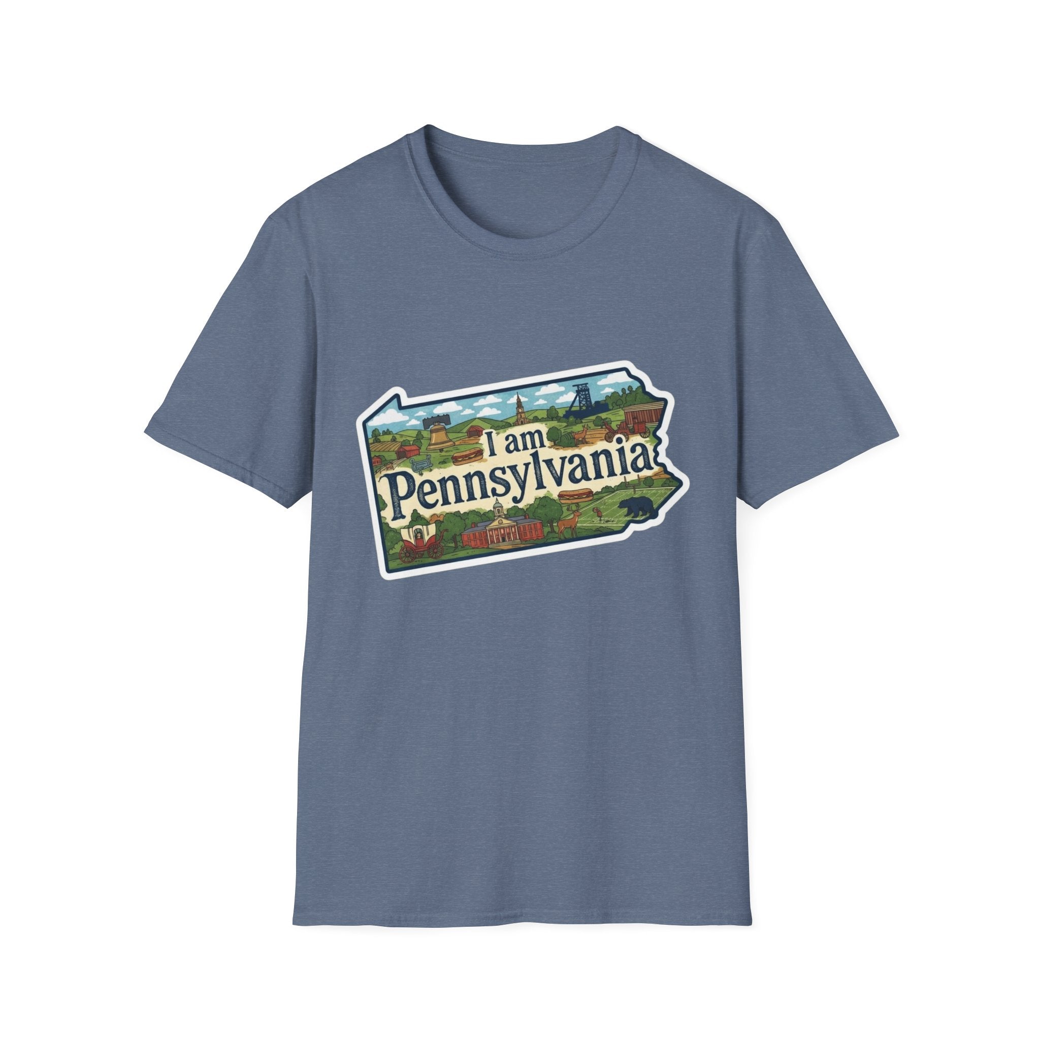 I am Pennsylvania T-shirt (Heather Navy) with Pennsylvania scenic landmarks front graphic