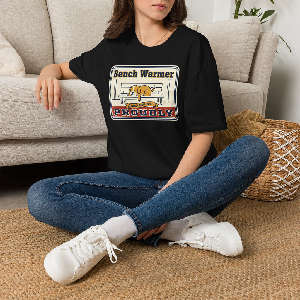 Black crew-neck T-shirt with Bench Warmer dog graphic on the chest