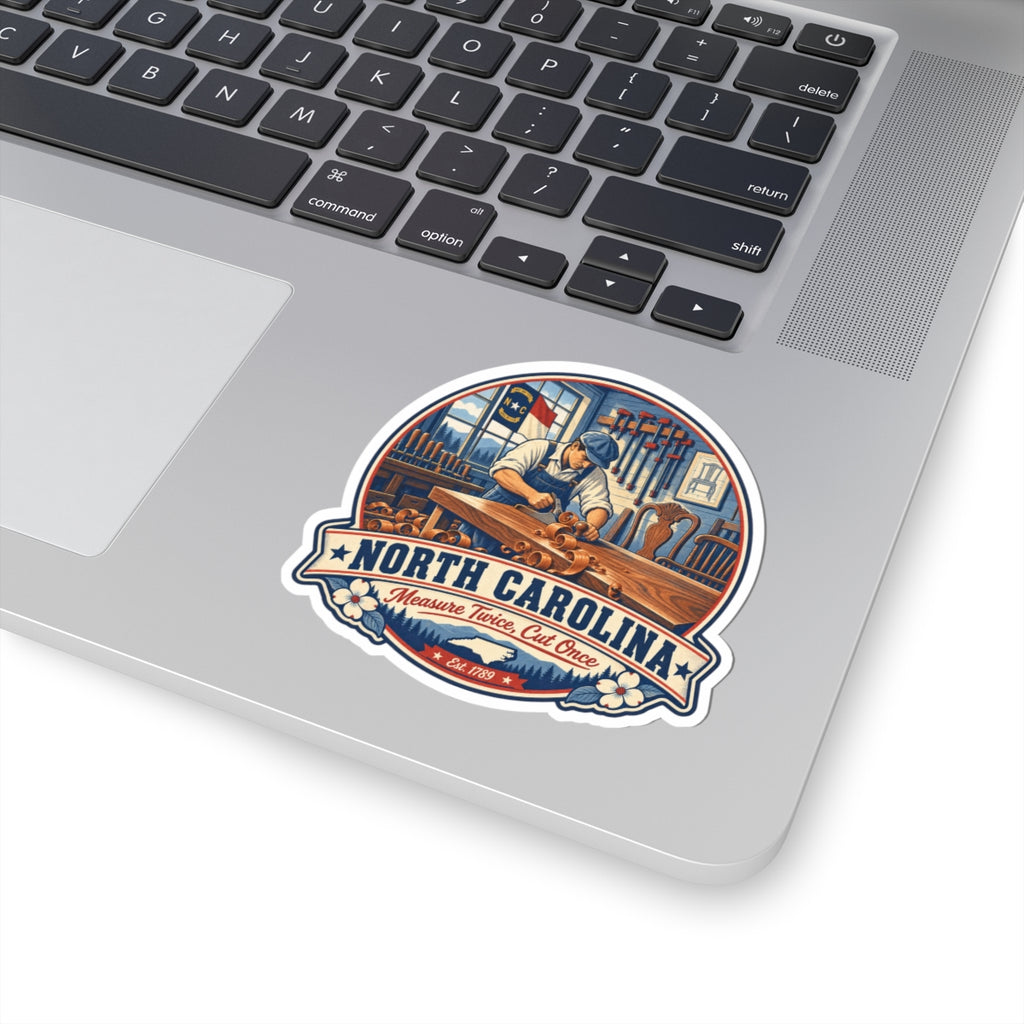 North Carolina woodworker state pride kiss-cut sticker on laptop, circular banner design